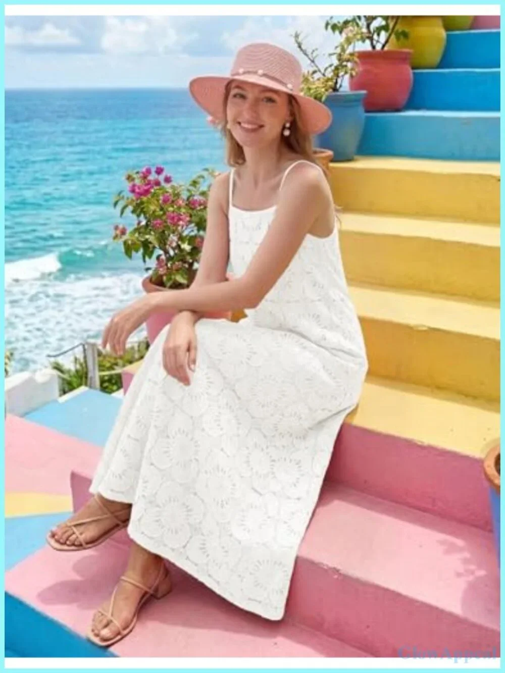 Sleeveless Lace Eyelet Boho Beach Maxi Dress with Pockets